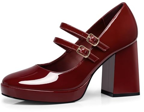 CELLENZ Women Mary Jane Shoes: Comfy Closed Toe Strappy Heels - Red Sexy Dressy Heel - Chunky Prom Dance Party Platform Pumps Size 8.5