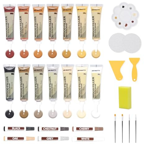 Masilla para Madera 20 Colores, Masilla Madera Incluye 14 Colores Reparador Madera y 6 Colores Rotulador Reparador, Reparador Arañazos Madera, Masilla Reparadora Madera para Laminado, Agujeros, Mesas