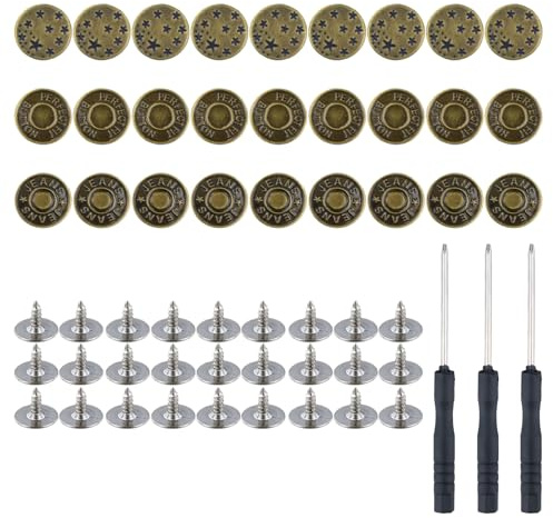 30 Botones para Vaqueros Quita y Pon sin Costura, Jeans Buttons Ajustables y Reutilizable, 17mm Color Bronce, 3 Diseños Retro, Incluye 3 Destornilladores