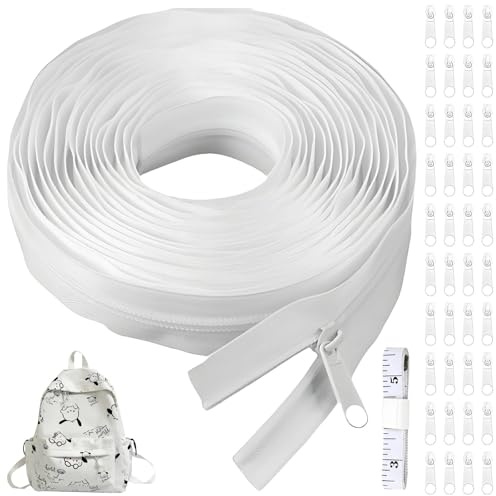 20m Continuous Nylon Coil Zipper, White Zips for Sewing with 40 Sliders Metal, Heavy Duty Zip, with Soft Tape Measures, for DIY Sewing Tailor Craft Supplies