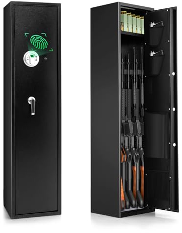 COSTWAY Cassaforte per 5 Fucili e Pistole Domestiche, Armadio per Armi Lunghe Pesante con Serratura Biometrica Impronta Digitale, Tastierino Digitale e Chiavi Emergenza, Tasca di Stoccaggio Integrata