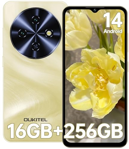 OUKITEL C5 Telefono Movil 2025-16GB RAM+256GB ROM/TF 1TB Telefonos Moviles Libres, Batería 5000mAh, 6.52 HD Pantalla Android 14 Smartphone, Cámara 13MP+5MP, 4G Dual SIM/Face ID/OTG/3.5mm Jack, Oro