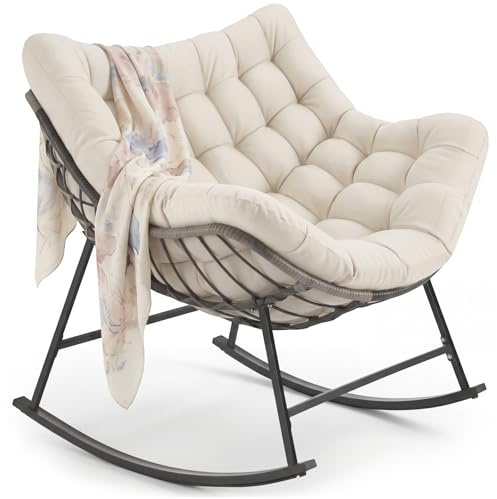 tectake® Silla Mecedora, Cojín Lavable Grueso, Sillon Lectura, 99,5 x 93 x 89 cm, Carga 120 kg, Butaca Salon, Interior Exterior, Sillon Lactancia, Sillones Dormitorio, Butaca Dormitorio - Beige