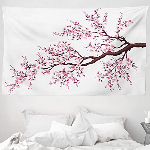 ABAKUHAUS Japan Wandteppich und Tagesdecke, Sakura Zweig Blüten aus Weiches Mikrofaser Stoff Waschbar ohne Verblassen Digitaldruck, 230 x 140 cm,Rosa Dunkelbraun