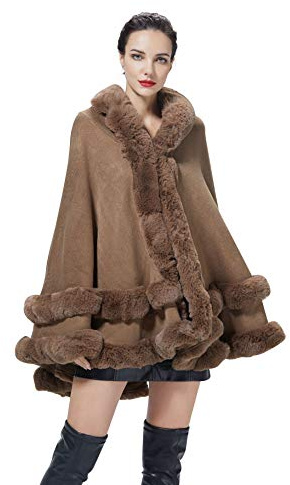BEAUTELICATE Poncho Mantella Lavorato a Maglia con Cappuccio in Pelliccia Sintetica Scialle Stola Cappotto Cardigan Donna per Matrimonio Invernale Festa (Khaki, Taglia Unica)
