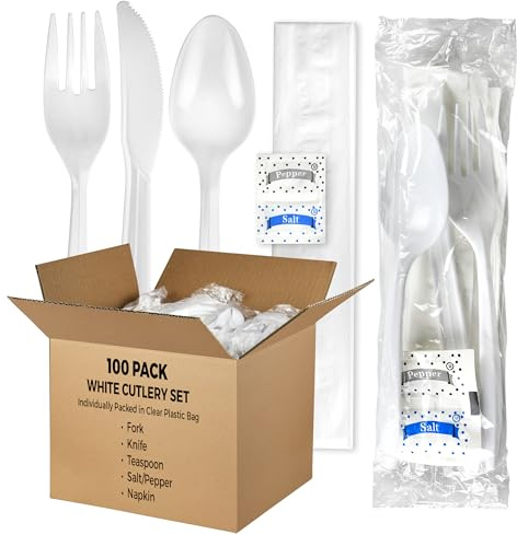 KitchenDine 100 Pack Medium Weight Wrapped white Plastic Cutlery Pack with Napkin and Salt/Pepper Packets (White)
