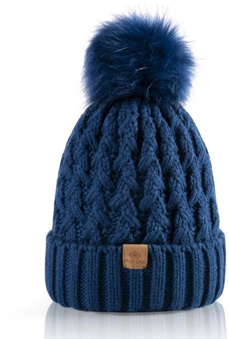 PAGE ONE Womens Winter Ribbed Beanie Crossed Cap Chunky Cable Knit Pompom Soft Warm Hat