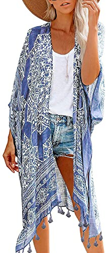 Breezy Lane Kimonos for Women Swimsuit Coverup Summer Kimono Cardigans Boho Clothes Blue Print