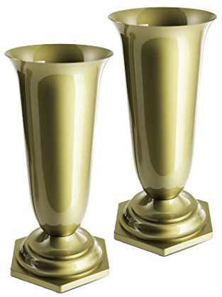 Tymar Grabvase, 2er-Pack, Friedhofsvase mit Sockel, Grabschmuck, Vase für Grab, Kunststoff (Gold, ø 15 cm)