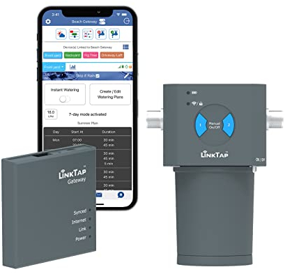 LinkTap 2-Zonen Smart Bewässerungssteuerung & Gateway, Batteriebetriebener Bewässerungsregler & App, Wetter Klug, Bessere Reichweite als WLAN, Kompatibel mit LinkTap Smart Bewässerungscomputer, IP66