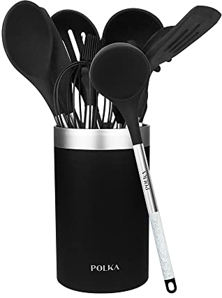 Cecotec Utensilios de Cocina de Silicona Polka Exclusive Wood&Rock. Set de 9 piezas Negro, Recubierto Soft touch y Mango de Acero. Materiales: Silicona, Nylon y PP, Incluye Holder Polka