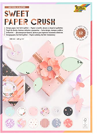 folia 11949 - Design Papier Sweet Paper Crush, DIN A4, 165 g/m², hot foil & glitter, 12 Blatt sortiert in 12 verschiedenen Motiven, hochwertig illustriertes Papier mit Glitterapplikation