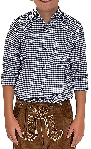 Trachterbahn Camicia da ragazzo con pantaloni in pelle a quadretti e cotone bianco a maniche lunghe con foulard 45 x 45 cm e tasca sul petto, Blu scuro, 128