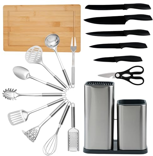 Set Utensili Cucina completo in acciaio inox da 17 Pezzi con set coltelli da cucina professionali, tagliere da cucina professionale, porta coltelli cucina e accessori cucina. Il Tuo Kit Cucina Ideale