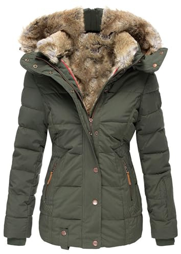 DGKaxiyaHM Veste Polaire IsoléE DoubléE De Laine Polaire Pour Femmes Manteaux D'Hiver Parkas à Capuchon En Fourrure Veste Mince RembourréE En Peau De Mouton (Vert,M)