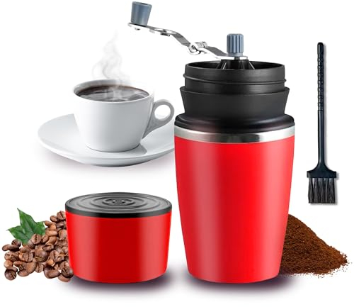 Moulin à Café Manuel Tout-en-Un avec Cafetière à Verser et Mug Inox Intégrés | Broyeur en Céramique | Mouture Réglable | Filtre en Acier Inoxydable | Brosse de Nettoyage