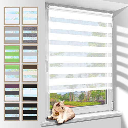 Zarnan Doppelrollo Klemmfix ohne Bohren Weiß 70x220cm(Stoffbreite 66cm) Duo Rollo Blickdicht Zebrarollo Rollos für Fenster ohne Bohren für Wohnzimmer Küche Büro lichtdurchlässig und verdunkelnd