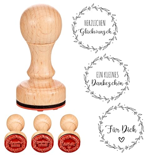 Faccito Stempel 3er Set Stempel aus Holz Herzlichen Glückwunsch Holzstempel Ein Kleines Dankeschön Holzstempel Handgemacht Stempel für DIY Basteln Karten Scrapbooking, 3 cm