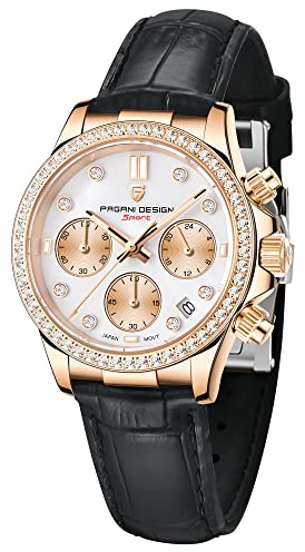 TYBERLEY Pagani Design Luxury Women's Quartz Chronograph Watches Diamond Stainless Steel Synthetic Sapphire Leather Strap Waterproof Luminous Multifunctional Sport Watch Date Display