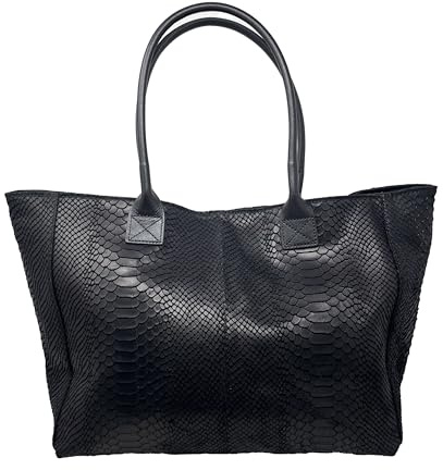 Chicca Borse Borsa a Spalla Shopper Grande da Donna in Pelle (Pitonato Nero)
