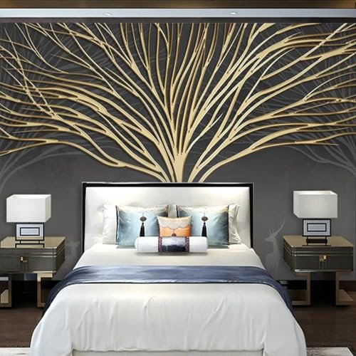 MIXUEXUNLU Mural Wallpaper Modern Hand-Painted 3D Creative Tree Light Luxury Golden Relief line Background Wall Home Decoration Mural