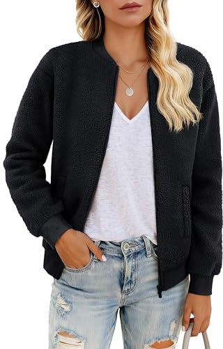 YUCOLEN Womens Sherpa Jacket Fleece Bomber Jacket Zip Up Teddy Coat Long Sleeve Winter Coat Cropped Outwear with Pockets Black L