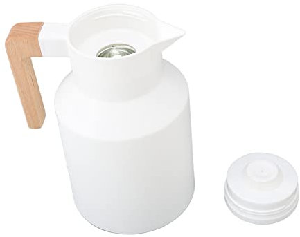 Akozon Coffee Carafe 1000ml Wooden Handle Double Wall Vacuum Heat Retention Thermal Coffee Carafe for Tea Coffee White Professional Accessories for Use (White)