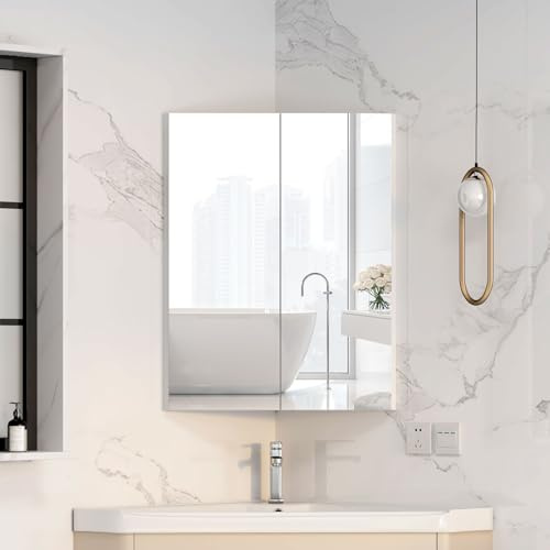 Mepplzian 45x60 Corner Bathroom Cabinets with Mirror,Bathroom Mirror Cabinet with Storage,2-Door Mirrored Bath room Cabinets Wall Mounted,White Corner Wall Cabinet