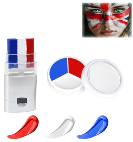 SHEBEEDO 2PCS 3 In 1 Face Body Paint Set, Red Blue White 3 Colors Face Paint Wheel and Stick for SFX Effects Makeup Face Painting Kit, Non Toxic Body Paint for Vampire Halloween Clown Football Fans