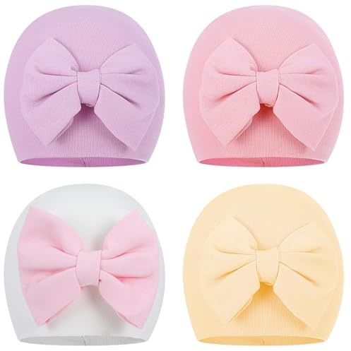 Larrel 4PCS Preemie Hats, Bow Cap for Baby, Cotton Preemie Caps, Newborn Hospital Cap for Premature Girls and Boys, Warm Hospital Premature Baby Cotton Beanie (Beige/Purple/Pink/White)