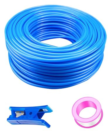 Tubo pneumatico in PU blu HUAZIZ 50 M, tubo pneumatico in poliuretano, tubo flessibile per aria compressa, esterno 4 mm x interno 2,5 mm + 1 pezzo di tagliatubi blu + 1 pezzo di nastro in teflon rosa