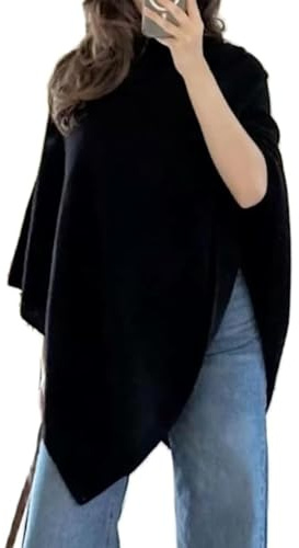SANSIWU Women Ponchos Sweater Y2K Knitted Pullover Poncho Shawl Lightweight Fringe Wrap Cardigan Knitwear Cape (Black, ONE SIZE)