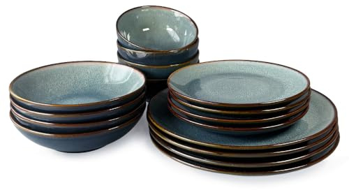 Upper Street Stavanger Blue Reactive Glaze Stoneware Tableware Set 16 Piece | Service for 4 | Dishwasher Safe | Nordic Artisan Dinnerware | Scandi Home
