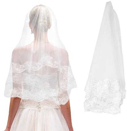 Yitexin White Ivory Wedding Veil Short, Lace Short Veils for Brides 1 Tier Women Party Bachelorette Fingertip Length 59'' (150cm)