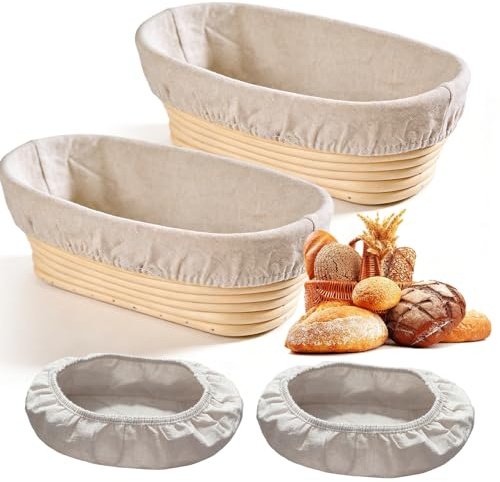 BAIFULAI Juego de 2 cestas de fermentación ovaladas de 25 cm de diámetro con inserto de lino, juego de cestas de fermentación, cesta de fermentación, cesta ovalada, cesta de pan, accesorios para