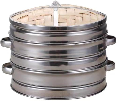 Pentola A Vapore in bambù, Set per La Cottura A Vapore - Cestello A 2 Livelli in Acciaio Inossidabile con Coperchio, con Vaporiera in bambù Fatta A Mano - Uso Domestico E Commerciale, Silver