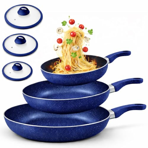 BAKAJI Set 6 Pezzi Padelle in Alluminio con Coperchio in Vetro, Adatto ad Ogni Tipo di Piano Cottura, Pentola Antigraffio, Padella con Manico Ergonomico per Cucinare in Maniera Sana (Blu)