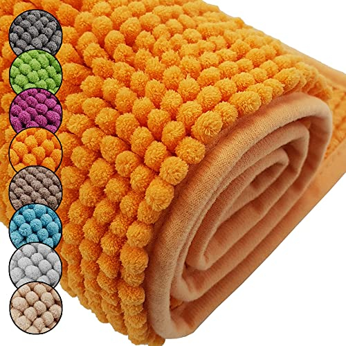DILUMA Badematte Chenille 50x80 cm Orange Rutschfester Hochflor Badteppich Luxus Wellness Badvorleger Saugfähig und Flauschig