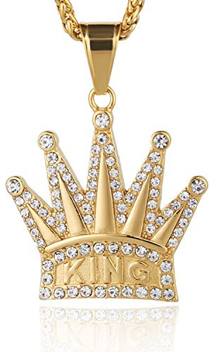 HZMAN 18k Gold Plated Cz Inlay King Crown Stainless Steel Pendant Necklace Success and Protection Lucky (Gold)