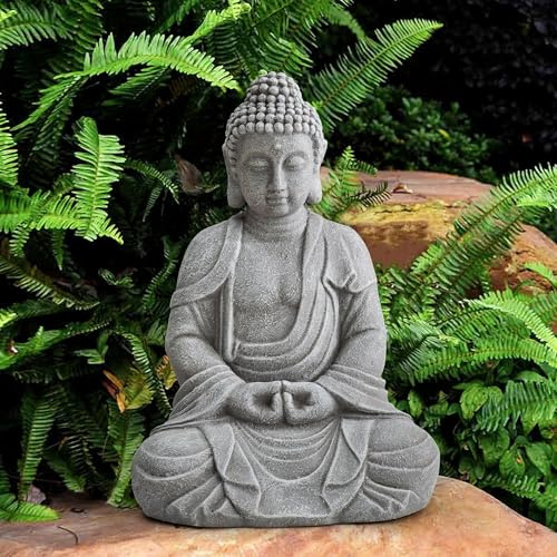 Sunjoy Statue Bouddha Assis 51 cm, Grand Modèle en Céramique, Décoration et Cadeau pour Intérieur/Extérieur, Jardin, Méditation, Détente - Gris