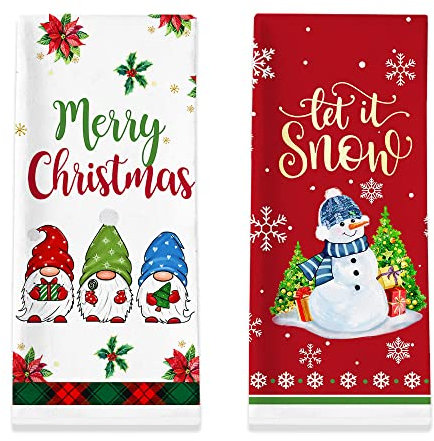 Weihnachts-Küchentücher, Merry Christmas Handtücher, 2er-Set, Schneemann-Zwerge, Rot, Schwarz, Buffalo-Plaid, Handgeschirr, Geschenk, Dekorationen für Zuhause (45,7 x 71,1 cm)