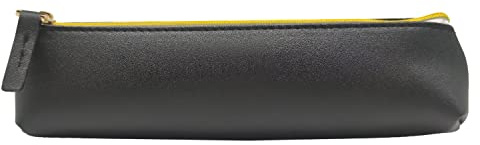 ALLY-MAGIC Leather Pencil Case Coloured Slim Pencil Case with Metallic Zipper Holder Organizer Storage for Student Office College Y4-JYBD (Black)