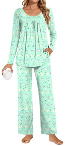 POPYOUNG Plus Size Ladies Pyjamas 2 Piece Pjs for Women Sets Fall-Winter Long Sleeve Lounge Sets Long Pants Sleepwear 2XL, Colorful Green Butterfly