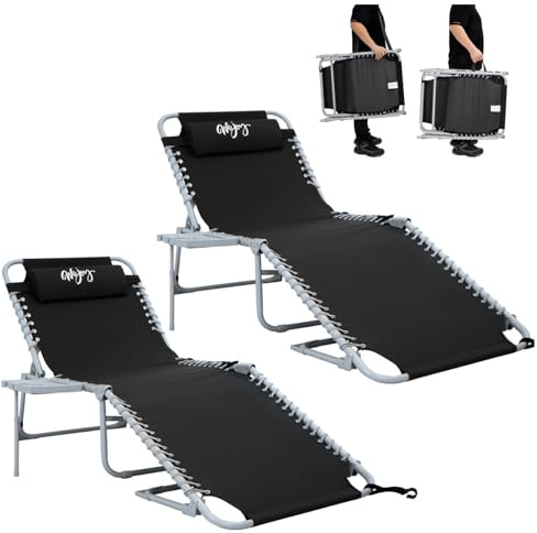 #WEJOY 2 Pack Lounge Chairs with Side Table - 5-Position Adjustable Folding Chaise Lounge - Portable Lay Flat Tanning Chair with Shoulder Strap & Pillow for Beach, Pool, Patio (Black)
