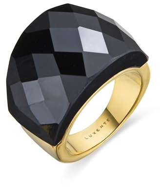 LUXENTER Anillo Mujer en Aleación de Metal con Cuarzo Hidrotermal Ónix Color Negro y Dorado Acabado en Oro Amarillo de 18k Ancho 17 mm Talla 18 Modelo Hianvi