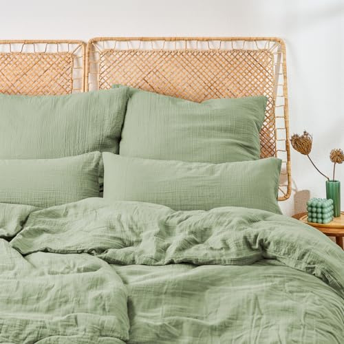 Blumtal Musselin Bettwäsche 4-teilig: 2X 135x200 cm + 2X 40x80 cm - Oeko-TEX zert. Bettwäsche Musselin aus 100% Baumwolle - extra weiches Bettwäsche-Set waschbar bei 40 °C - Sommerbettwäsche Grün