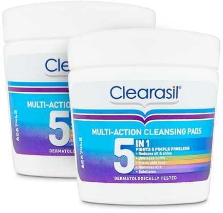 Clearasil 5-In-1 Multi-Action Cleansing Salicylic Acid Pads, Face Exfoliating For Acne Prone Skin, Unblock Pores, Reduces Blackheads, Pimples & Excess Oil, Everyday Spot Prevention, 65's (Pack Of 2)
