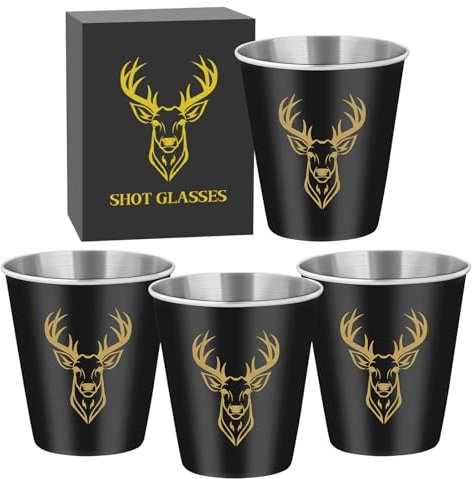 Lot de 4 Verres à Shot en Acier Inoxydable de 70 ml, avec Boîte Cadeau, Motif de Tête de Cerf Doré, Empilable Tasse de Fête, Cadeaux pour Chasseurs, Ami, Mariage, Anniversaires, Pique-Niquer, Camping