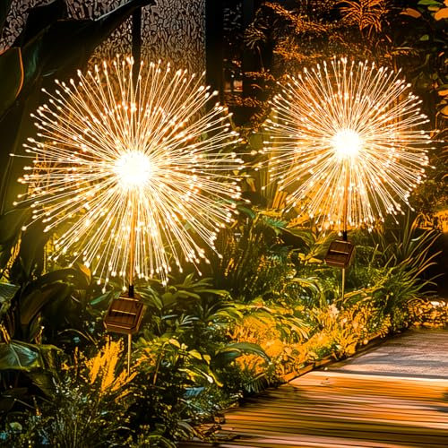 Solarlampen für Außen Garten, 2 Stück 150 LED Warmweiß Gartendeko Solarleuchten für Außen 8 Modi Wasserdicht Solarlichter Pusteblume, Solarstecker Gartenleuchten für Pathway Wege Rasen Balkon Deko