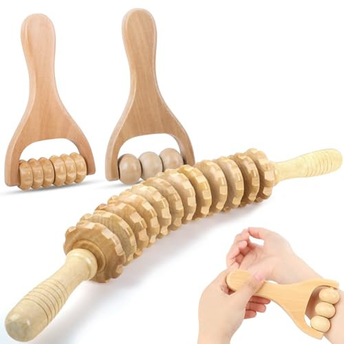 Fzyisw 3 Stück Faszienstab Holz Set - Massageroller für Rücken, Beine, Nacken - Entspannt Effektiv die Muskeln, Lindert Müdigkeit und Körperformung - Massage Roller